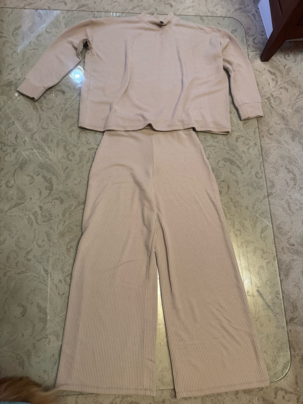 Zenana Outfitters Ribbed Wide-Leg Pants in Blush and matching top.